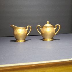 Pickard Rose & Daisy Gold Embossed Creamer & Sugar