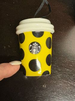 Vintage 2015 Starbucks Holiday Coffee Cup Ornament - Yellow with Black Polka Dots