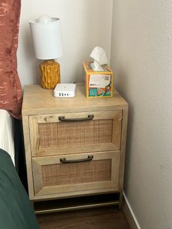 Set of 2 Modern Wood & Cane Nightstands