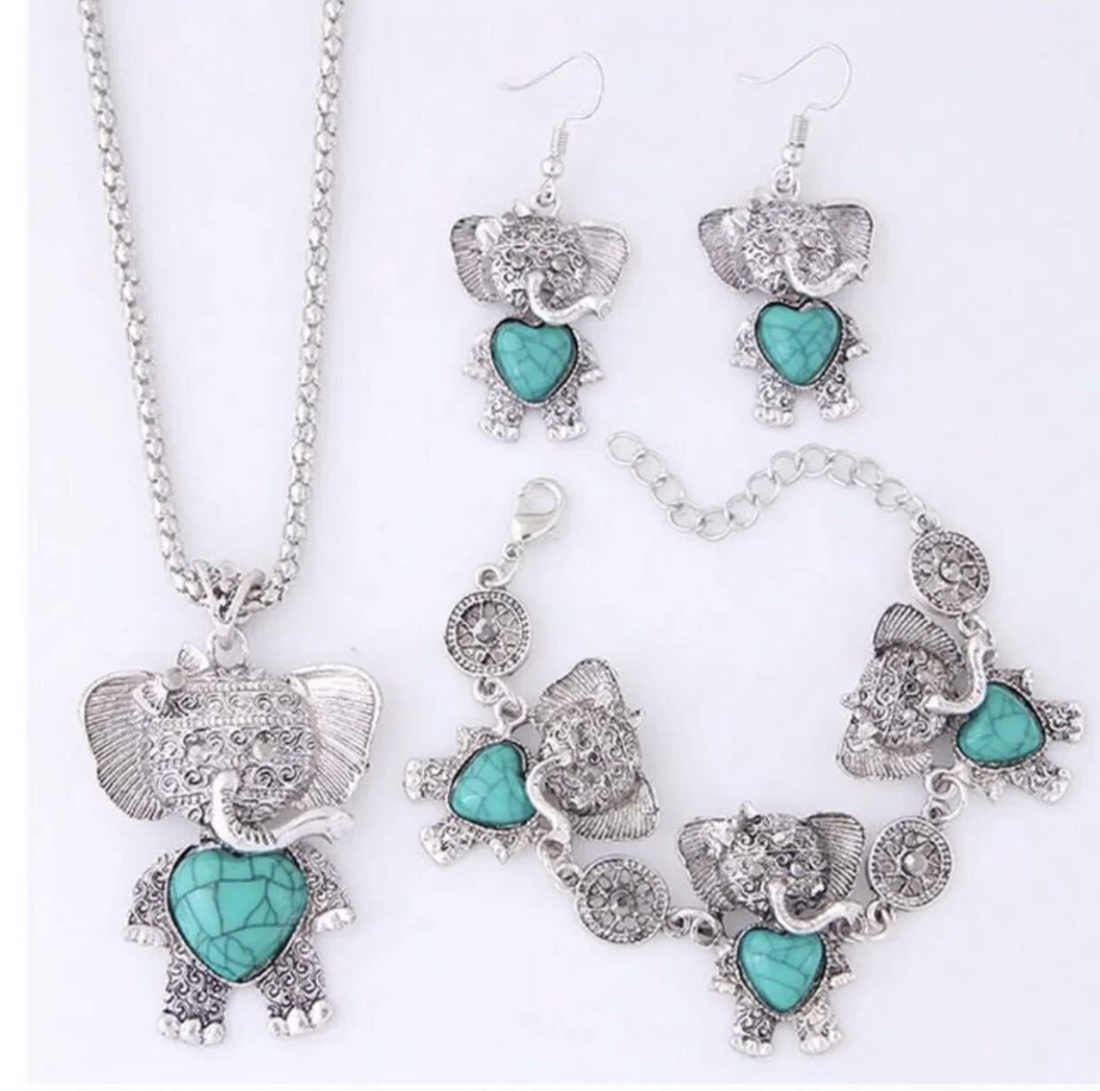 Tibetan Turquoise 3pcs Lucky Elephant Jewelry Set 
