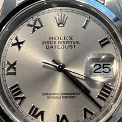 Rolex Oyster Perpetual Date 36mm – Rare Rhodium Roman Dial – Collector’s Watch – Box & Papers