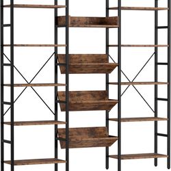Bookcases and Bookshelves Triple Wide 5 Tiers Industrial Bookshelf, Large Etagere Bookshelf Open Record Player Shelves with Metal Frame for