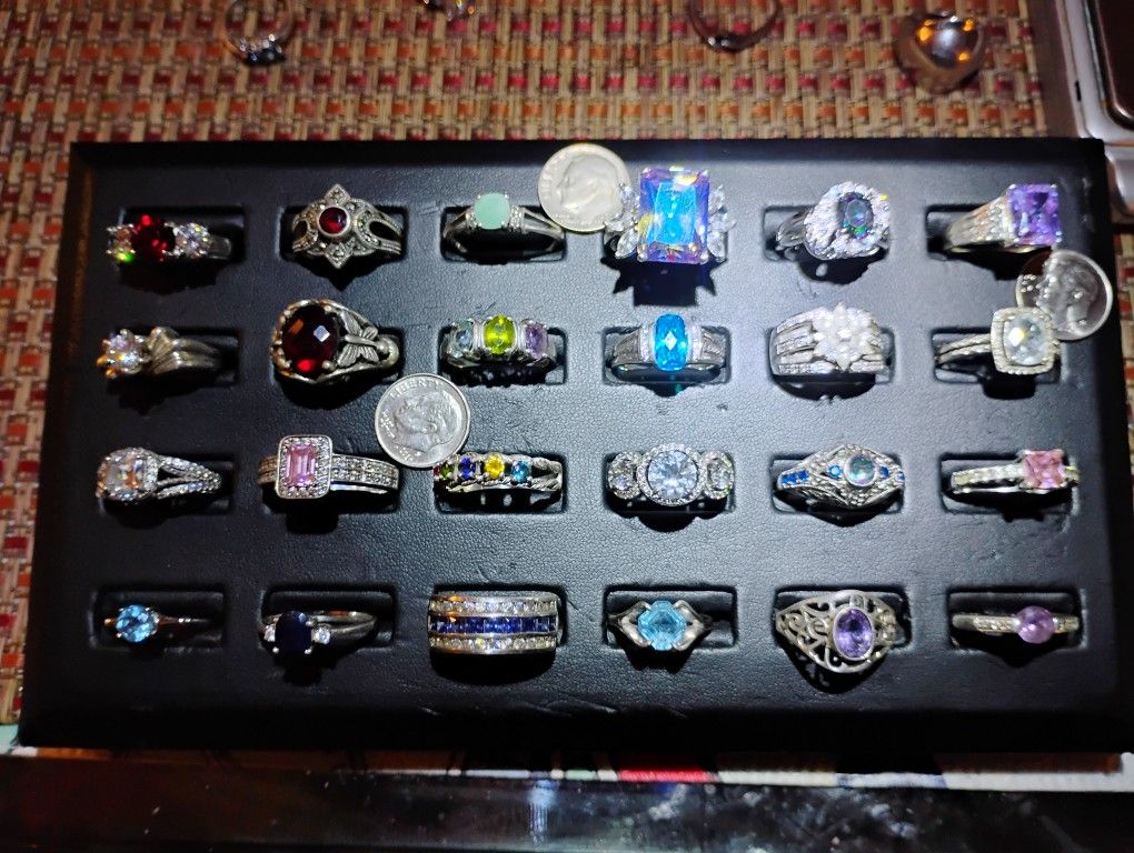 Sterling Silver Ring Collection 24 Ring 105 Grams 100% Real 925 Silver Solid Gems