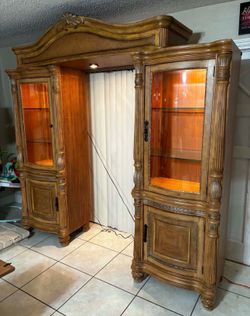 Glass Cabinets With Glass Shelves & Lights- Solid Wood- Good Condition