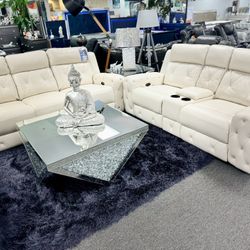 Clearance Sale🔥Beautiful White Diamond Tufted Power Reclining Sofa+Love Seat On Amazing Deal $1799