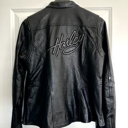 Women’s Black Leather, Harley Davidson, Rhinestone Design Jacket