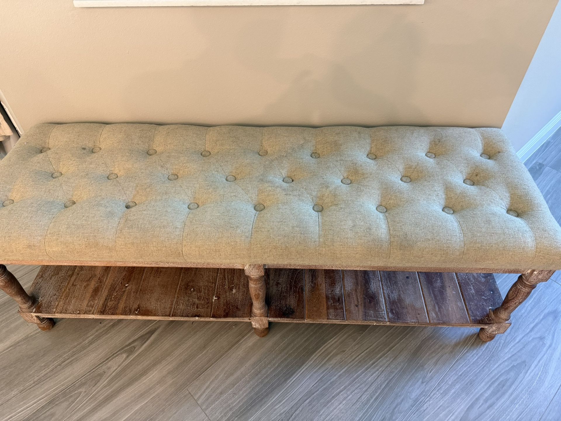 Tufted Upholstered Bench with Wood Shelf