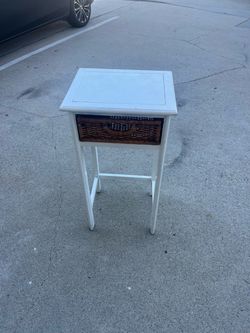 White Wood Side Table with Wicker Drawer