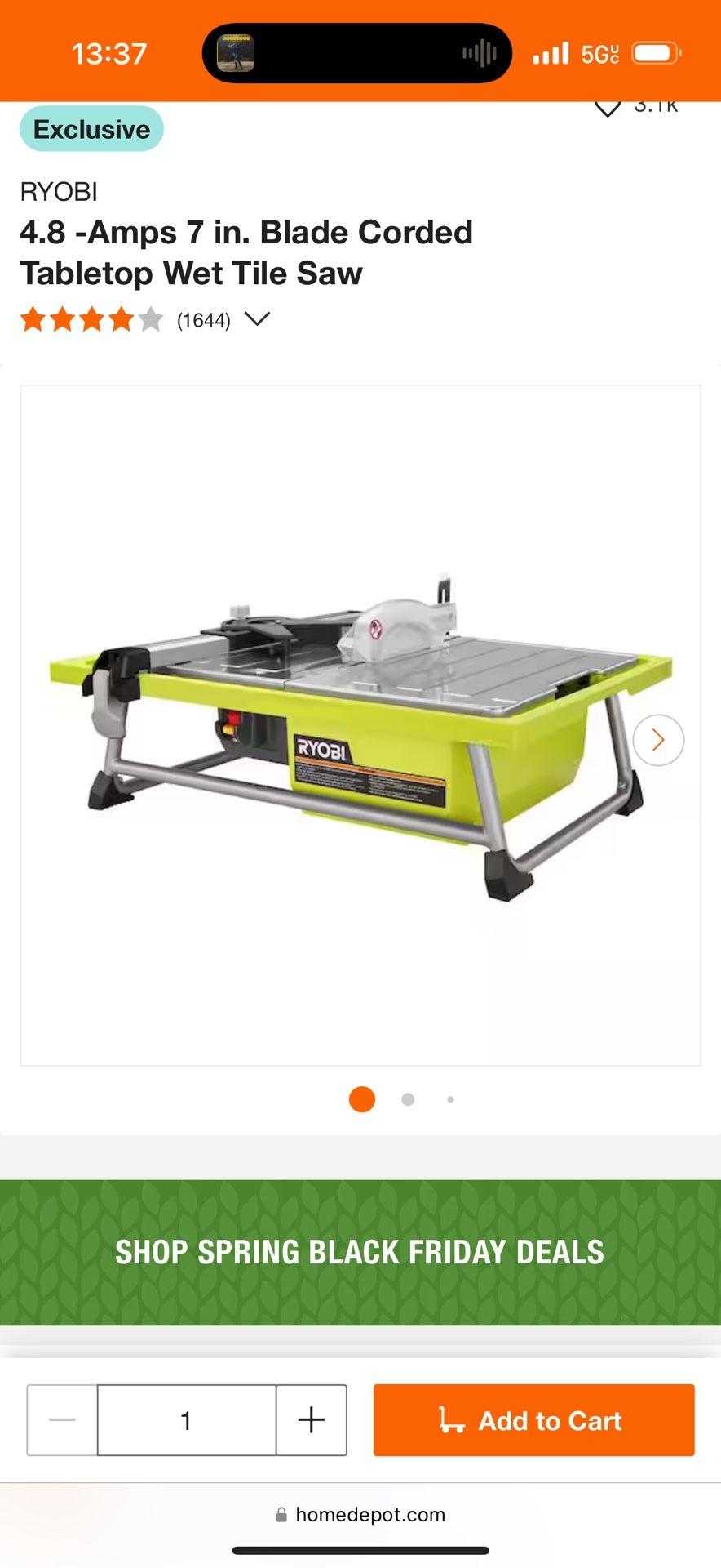 Ryobi 7” Wet tile saw
