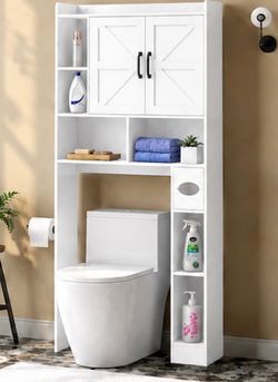 66”H White Over-the-Toilet Bathroom Storage Cabinet with Doors & Adjustable Shelf