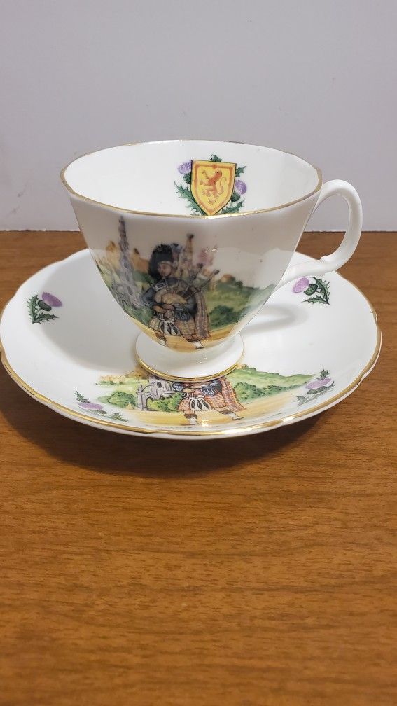 Vintage Scotland Bagpiper Bone China Cup And Saucer