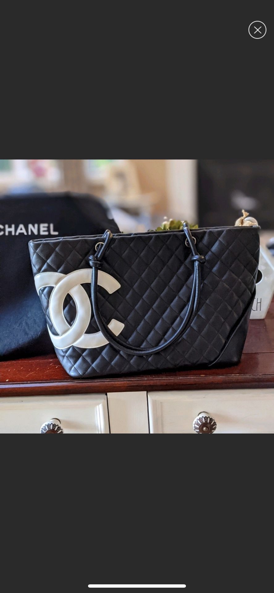 Authentic Chanel Cambon Quilted CC Logo Tote Bag Black Lambskin