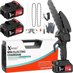 Portable 6-Inch Cordless Mini Chainsaw - Handheld Small Electric Chain Saw with 2 21V Rechargeable Batteries and 2 Chains, Perfect for Wood Cutting, T