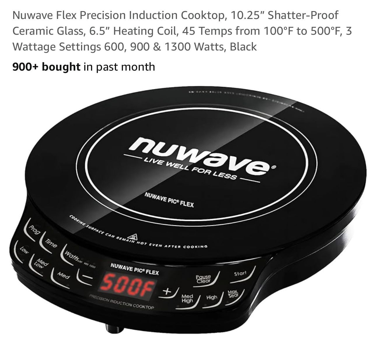 Nuwave Flex Precision Induction Cooktop, 10.25" Shatter-Proof Ceramic Glass, 6.5" Heating Coil, 45 Temps from 100°F to 500°F, 3 Wattage Settings 600, 