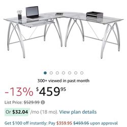 Realspace® Vista Glass L-Shape Corner Desk, Silver