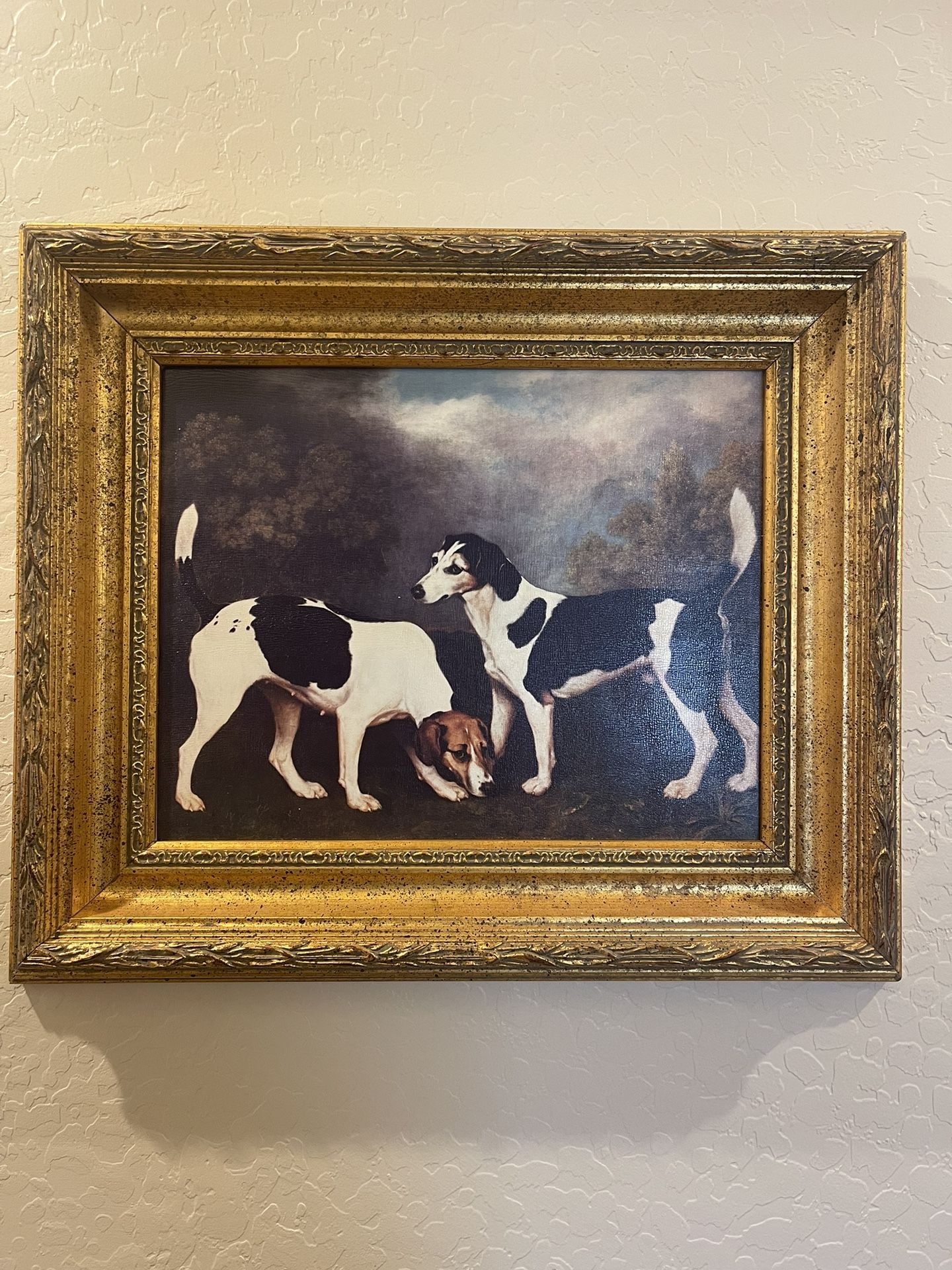 Gold framed oil painting of dogs, Vintage Antique style