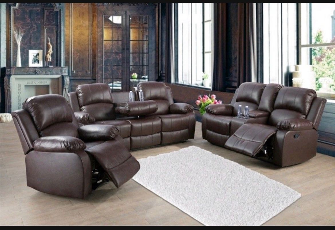 Brown Leather Recliner Set Include Sofa, Loveseat And Recliner Chair New In Sealed Packaging 