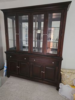 Dark Wood China Cabinet Hutch with Glass Doors