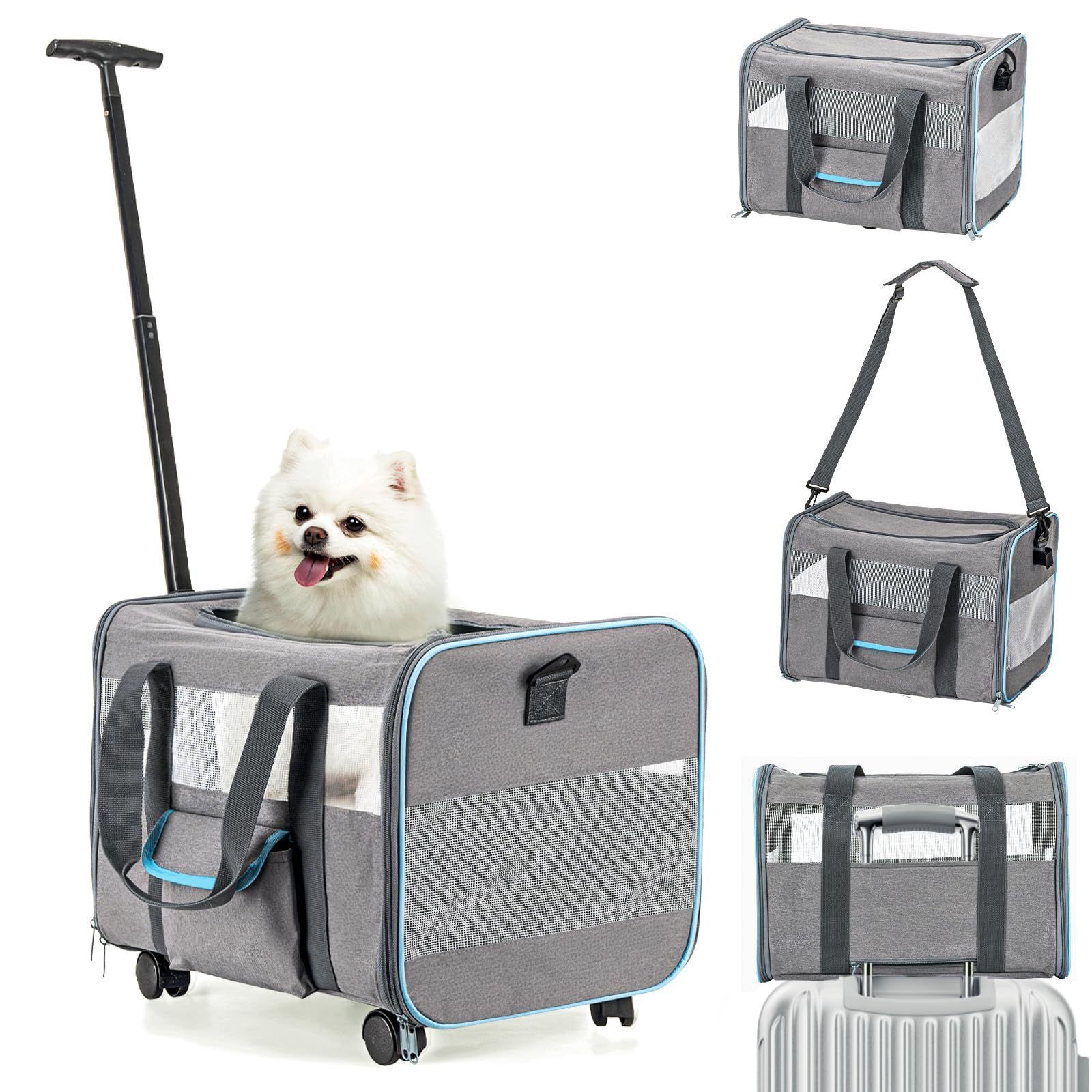 UNICITII Pet Carrier for Small Dog Cat, Airline Approved Dog Carrier with Wheels Soft Sided Dog Rolling Crate Cat Travel Bag up to 20 Lbs Pet Stroller
