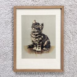 Vintage 1940s MABEL GEAR Long Hair Cat Kitten Framed Print w/ Glass 12.5 x 9.75”