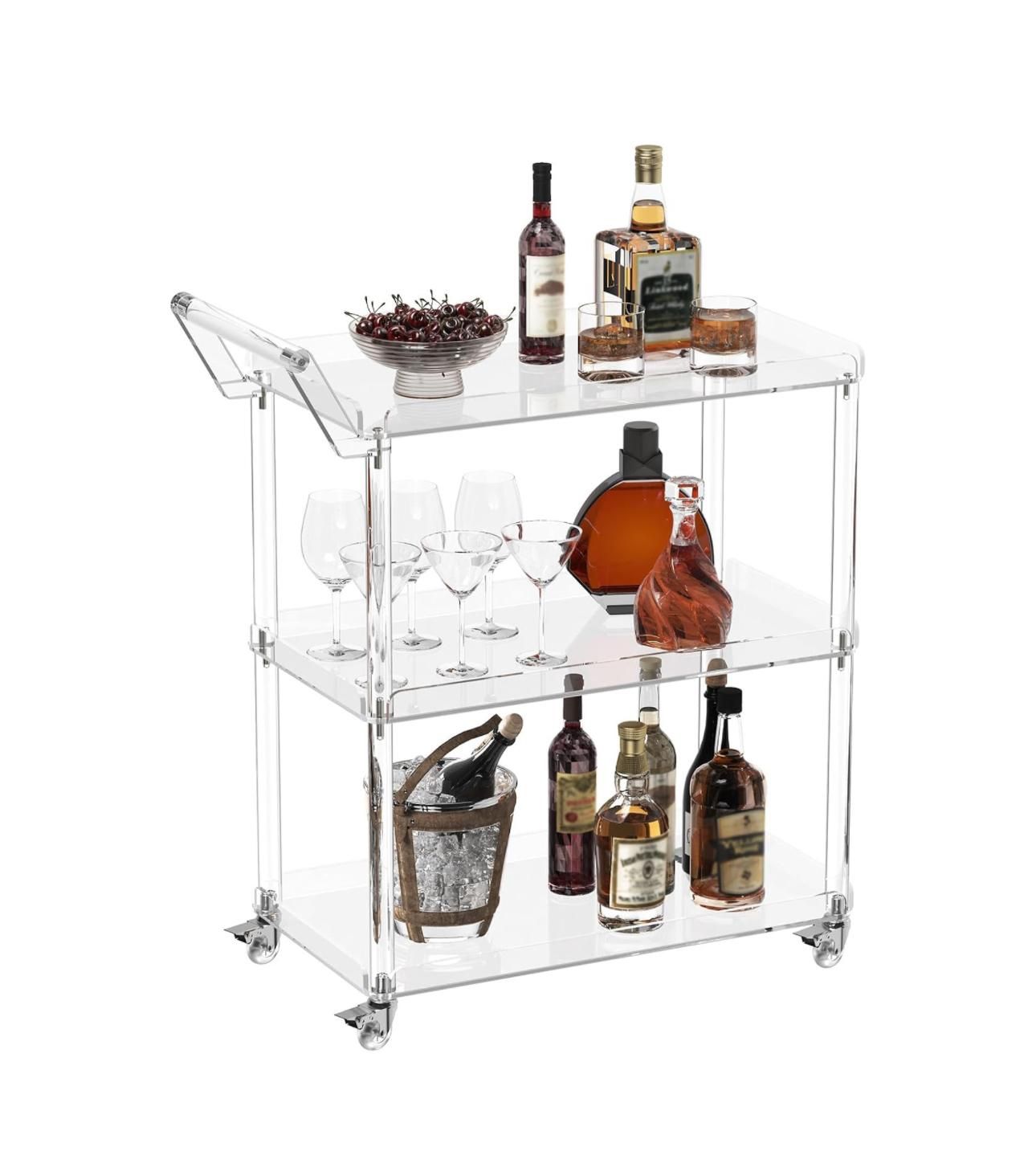 HMYHUM Acrylic Bar Cart with 4 Lockable Wheels