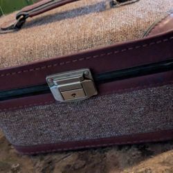 Vintage Tweed and Maroon Leather Makeup Case/Suitcase with Original Key