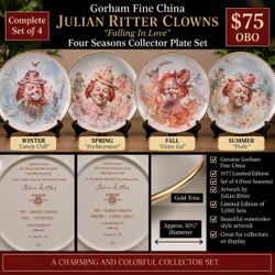 Vintage 1977 Gorham Julian Ritter Clown Plates – Complete SetComplete 1977 Gorham Fine China “Julian Ritter Clowns – Falling in Love” Four Seasons Col