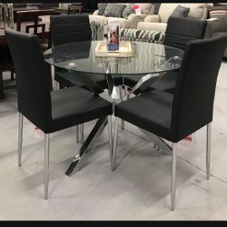 Top Glass Round Kitchen Table And Chairs // Black And Chrome Dining Set 💥 Color Options 👍 Brand New💯