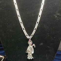 925 Silver Figaro Chain With Santa Muerte xxl Pendant