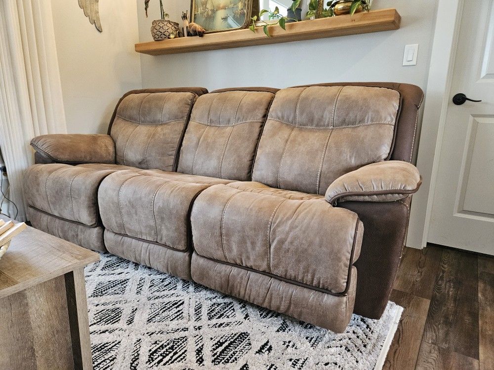 Tan/Brown Suede Reclining Couch