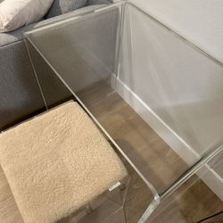 CB2 acrylic table and fluffy chair