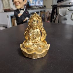 Chinese Feng Shui Lucky Wealth Buddha Figurine, Yellow Gold Finish Gold Gilted Adorned With Tiny Rhinestones 4.25"H