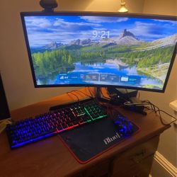 Setup Curved Monitor+ Mouse + Keyboard +Bluetooth+wire Headset/And Or  Live Stream Camera  Depending On Your Budget Or What Your Looking To Do 