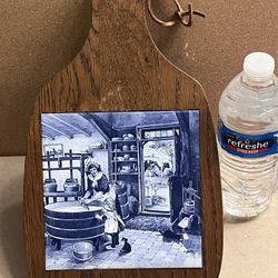 Rare Vintage Hanging Wooden Serving Cheese Board Ceramic Tile Trivet Holland Scene