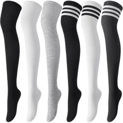6 pairs Thigh High Socks for Women, Warm Over Knee High Socks, Extra Long Striped High Boot Stockings for Daily Wear