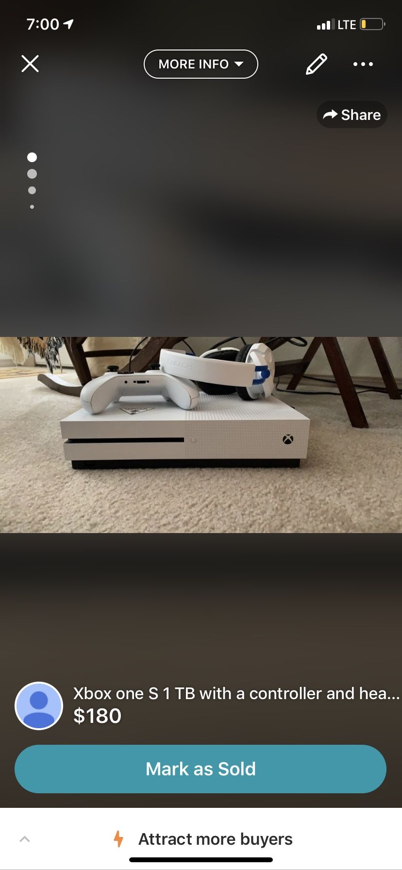 Xbox one S 1 Tb with controller and headset included yes this is my listing in letgo too