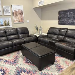 2 Black/Brown Leather Recliner Couches And Storage Ottoman
