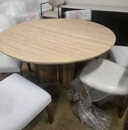 Varenna Round Travertine Dining Table – Luxury Natural Stone Top with Fluted Wood Pedestal Base