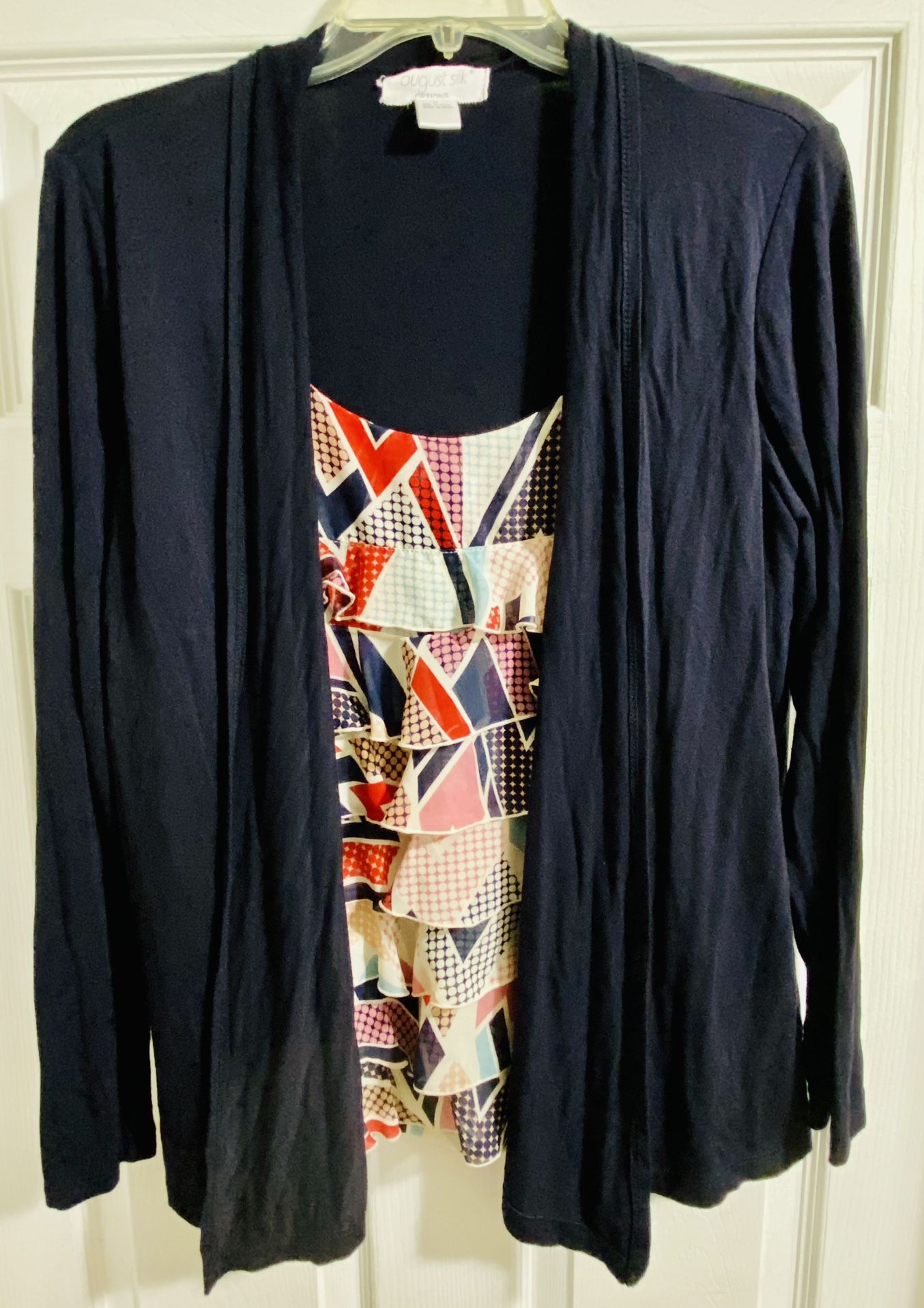Women’s Medium August Silk Attached Dark Blue Cardigan, Layered Colorful Blouse