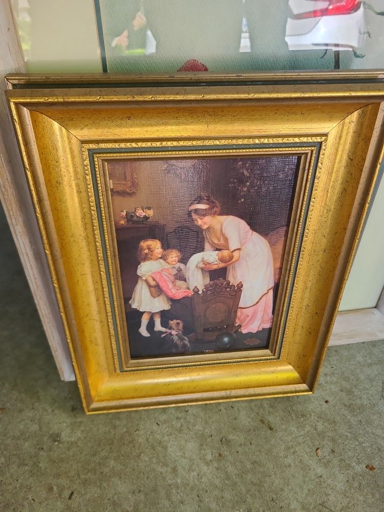 Mother Child Painting Victorian Baby Yorkie art Canvas Gold Frame Cottagecore Shabbychic Grannycore
