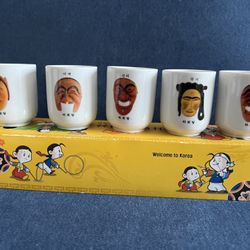 Vintage Set of 5 Korean Shot Glasses Ceramic for Family Gathering