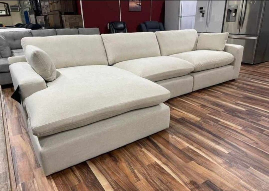 Contemporary Linen White Soft Cozy Soft Modular Sectional Couch With Chaise 