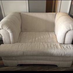 OVERSIZED SOFA CHAIR  **  Recommended reupholstering or slip cover  *** Frame is solid wood construction, very sturdy, long life left **  Cushions sti