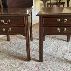 Pair of Vintage Signed Stickley Solid Cherry Traditional Chippendale Style End Tables with Drawers
