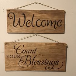 Welcome Blessings Hand Burned Wood Sign Bundle