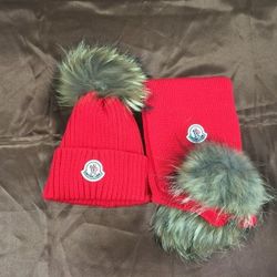 Moncler Beanie With Pom Pom red (Kids set: hat + scarf)