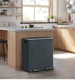2 x 8 Gallon (2 x 30 L) Garbage Can for Kitchen, with 15 Trash Bags, 2 Compartments, Plastic Inner Buckets and Hinged Lids, Airtight, Greenish-Gray UL