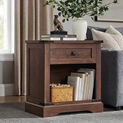 New 24" Farmhouse End/Side Table with Charging Station 1 Drawer Open Cabinet Rustic Wood, Dark Brown