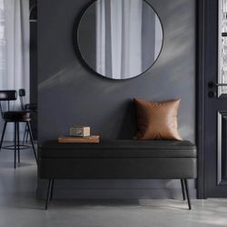 Storage Ottoman Bench, Entryway Bedroom Bench, 15 Gallons, Synthetic Leather with Stitching, Mid-Century Modern, Safety Hinges, Loads 660 