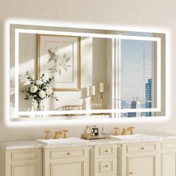 LED Bathroom Mirror - 59 x 36 Inch with Defogger, Front Light, and Backlight